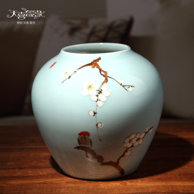 现代新中式花瓶家居电视柜玄关摆件景德镇陶瓷客厅干花插花装饰品 三维工匠 梅花鸟三件套灰白色木棉花1支)