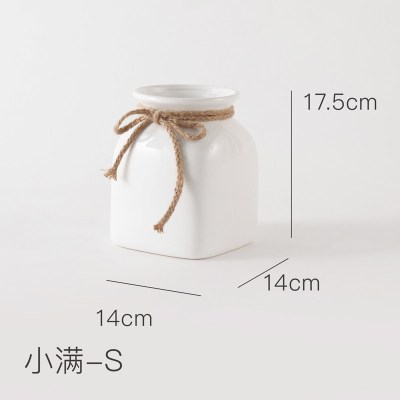 简约麻绳白色陶瓷花瓶 客厅干花插花花器餐桌摆件 小满 三维工匠 套餐:瓶小+波斯菊紫