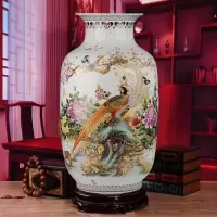 景德镇陶瓷器 仿古中式锦上添花落地大花瓶 客厅家居装饰品摆件 三维工匠 描金锦上添花冬瓜瓶送木制旋转底座