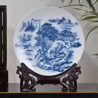 陶瓷摆件瓷器盘粉彩青花瓷装饰盘花盘子挂盘现代时尚中式家居装饰 三维工匠 青花钓鱼盘