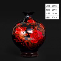 景德镇陶瓷器中国红色花瓶插花石榴摆件新中式家居客厅装饰品工艺 三维工匠 红底金沙赏瓶+底座(热卖款)