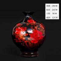 景德镇陶瓷器中国红色花瓶插花石榴摆件新中式家居客厅装饰品工艺 三维工匠 黑底牡丹石榴瓶+底座(热卖款)
