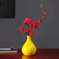 新中式小花瓶摆件干花装饰品客厅插花餐桌电视柜家居陶瓷创意摆设 三维工匠 小黄瓶带深红花