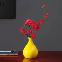 新中式小花瓶摆件干花装饰品客厅插花餐桌电视柜家居陶瓷创意摆设 三维工匠 小黄瓶带白花