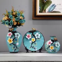 欧式陶瓷花瓶三件套干花插花器客厅博古架玄关摆件酒柜家居装饰品 三维工匠 浮雕花翡翠蓝三件套+3束花