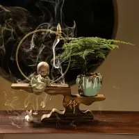 新中式禅意办公室绿植摆件客厅桌面家居玄关陶瓷人物装饰盆栽摆设 三维工匠 智慧(赠绿植+倒流香+鹅卵石)