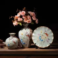 欧式陶瓷花瓶摆件轻奢北欧客厅插花现代餐桌干花瓶家居酒柜装饰品 三维工匠 蓝底鸟语花香三件套送米白玫瑰