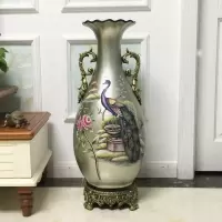 欧式美式陶瓷手绘复古摆件样板间别墅客厅电视柜插花落地大花瓶 三维工匠 A3款银孔雀瓶配16支羽毛+象底座