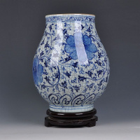 景德镇陶瓷器 手绘釉下彩仿古官窑青花瓷花 博古架工艺品家居摆设 三维工匠 粉红色福筒送底座摆件