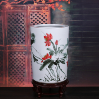 景德镇陶瓷手绘字画收纳筒书画桶卷轴缸客厅书房落地箭筒装饰摆件 三维工匠 04款小号+底座