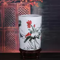景德镇陶瓷手绘字画收纳筒书画桶卷轴缸客厅书房落地箭筒装饰摆件 三维工匠 05款大号+底座