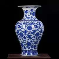 景德镇陶瓷花瓶摆件仿古青花瓷落地插花器中式家居客厅装饰品大号 三维工匠 小号青花缠枝莲鱼尾送底座