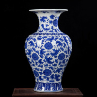 景德镇陶瓷花瓶摆件仿古青花瓷落地插花器中式家居客厅装饰品大号 三维工匠 青花杨莲鱼尾瓶送底座高50cm宽25cm