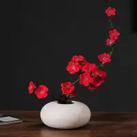 新中式陶瓷花瓶仿真花摆件现代禅意书房客厅样板房铁艺家居装饰品 三维工匠 花瓶(直径14cm)+红梅