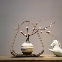 新中式文艺陶瓷复古花瓶竹编插花客厅酒店玄关家居装饰品禅意摆件 三维工匠 安之若素+白色杜鹃花