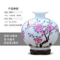 创意现代客厅摆件景德镇陶瓷器石榴瓶花瓶电视柜餐厅插花小工艺品 三维工匠 仙鹤夜舞石榴瓶+木底座