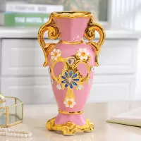 欧式装饰品客厅餐桌电视柜工艺品金花瓶摆件陶瓷插花花器创意家居 三维工匠 金色+粉红+8束花随机发,可备注