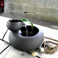 小微型桌面流水器摆件水培绿色植物陶瓷小花盆小鱼缸宠物饮水器 三维工匠 大号静莲花-蓝色-USB水泵+送纳米海绵