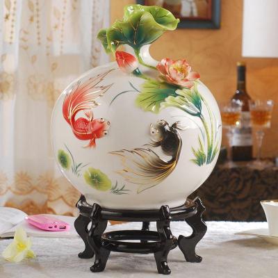 金玉满堂景德镇陶瓷花瓶摆件客厅插花装饰品家居摆设大瓷器珐琅彩 三维工匠 莲鲤花瓶不含底座