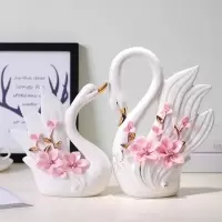 现代简约创意客厅酒柜摆设博物架陶瓷器小天鹅一对摆件卧室装饰品 三维工匠 蓝色天鹅一对(带礼盒包装)