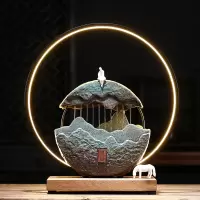 简美陶瓷循环流水器喷泉摆件灯圈风景办公室客厅玄关桌面装饰摆设 三维工匠 喜上眉梢(流水器)