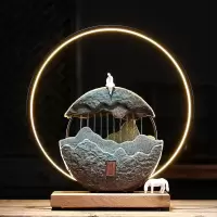 简美陶瓷循环流水器喷泉摆件灯圈风景办公室客厅玄关桌面装饰摆设 三维工匠 观山月(流水器)