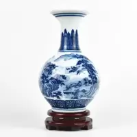景德镇仿古青花山水陶瓷器花瓶 现代客厅博古架装饰品工艺品摆件 三维工匠 竹节(含底座)