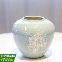 景德镇陶瓷手工绘画台面花瓶会所样板间新中式装饰花插客厅小摆件 三维工匠 白色大枝梨花2支-天之翼花瓶-三个一组