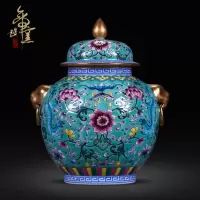 景德镇陶瓷器仿古手绘珐琅彩描金狮耳罐花瓶中式客厅装饰工艺摆件 三维工匠 单个