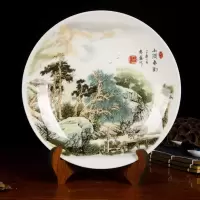 景德镇陶瓷器摆件家居装饰品中式客厅酒柜博古架山水画摆盘工艺品 三维工匠 山涧春韵+木支架