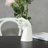 此时此室陶瓷花瓶创意手造型家用客厅简约插花摆件白色花盆栽花器 三维工匠 乳白色矮款
