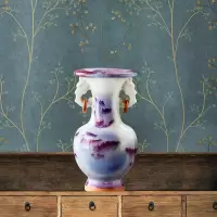 景德镇陶瓷仿古钧瓷小花瓶插花中式家居装饰品客厅工艺品摆件瓷器 三维工匠 窑变山水双耳瓶中号