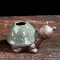 个性陶瓷哥窑乌龟蜗牛可爱动物花盆水培花器桌面家用摆件鱼缸造景 三维工匠 绿陶松鼠(送仿真草) 小