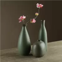 新中式复古陶瓷花瓶禅意摆件客厅插花 景德镇博古架干花家居饰品 三维工匠 绿瓶套三组合(送粉梅)