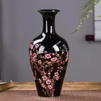 景德镇陶瓷器乌金釉小花瓶中式客厅插花家居博古架装饰工艺品摆件 三维工匠 梅花美人尖送底座