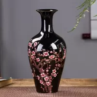 景德镇陶瓷器乌金釉小花瓶中式客厅插花家居博古架装饰工艺品摆件 三维工匠 梅花梅瓶送底座