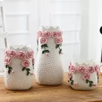 可水养百合玫瑰花欧式大口陶瓷花瓶摆件客厅插花电视柜家居装饰品 三维工匠 玫瑰花瓶(中)