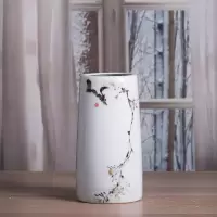 景德镇陶瓷手绘花瓶客厅办公室圆形艺术瓷瓶新中式办公桌花器摆件 三维工匠 小号高21.5cm(不含花)