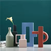 北欧现代莫兰迪色花瓶民宿桌面家居软装饰品创意抽象陶瓷艺术摆件 三维工匠 五件套