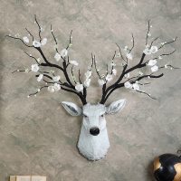 欧式鹿头壁挂壁饰客厅电视背景玄关墙面装饰挂件墙上墙壁挂饰 三维工匠 宝蓝色带粉色花