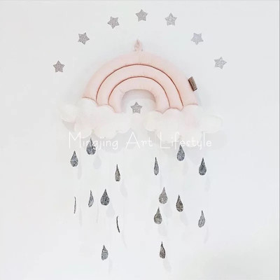 ins北欧彩虹云朵雨滴挂件布艺壁饰床幔帐篷配饰摄影拍照背景装饰 三维工匠 灰色彩虹+云朵