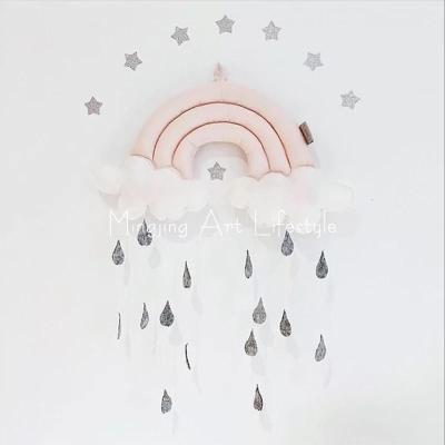 ins北欧彩虹云朵雨滴挂件布艺壁饰床幔帐篷配饰摄影拍照背景装饰 三维工匠 灰色彩虹雨滴挂件30*35cm