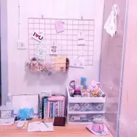 网红少女心房间装饰品ins铁艺网格墙饰收纳卡片照片墙壁挂饰 三维工匠 粉托盘壁饰
