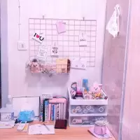 网红少女心房间装饰品ins铁艺网格墙饰收纳卡片照片墙壁挂饰 三维工匠 橘粉白灰毛球串DIY壁饰