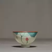 手绘荷花茶杯 陶瓷喝茶品茗杯主人杯单杯功夫茶具小茶杯 三维工匠 手绘粉青荷=斗笠杯