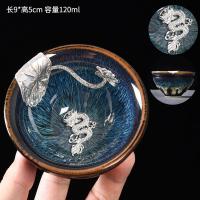 镶银曜变天目建盏茶杯 兔毫盏主人杯单杯十二生肖茶盏银杯 三维工匠 镶银荷叶蓝拉丝盏杯-祥龙