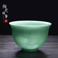 青瓷品茗杯景德镇陶瓷手绘个人小茶碗功夫茶具主人杯子单杯闻香杯 三维工匠 兰-梅子青