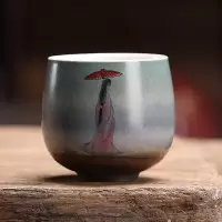 手绘窑变品茗杯纯手工单杯主人杯FY陶瓷功夫茶具柴烧花鸟大号茶盏 三维工匠 手绘主人杯[淑女]135
