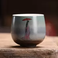 手绘窑变品茗杯纯手工单杯主人杯FY陶瓷功夫茶具柴烧花鸟大号茶盏 三维工匠 禅定杯-[望松]105