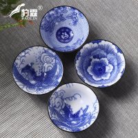 青花瓷功夫小茶杯10只茶具套装陶瓷斗笠杯茶盏杯单杯盖碗茶碗主人 三维工匠 单茶杯-随机手绘杯